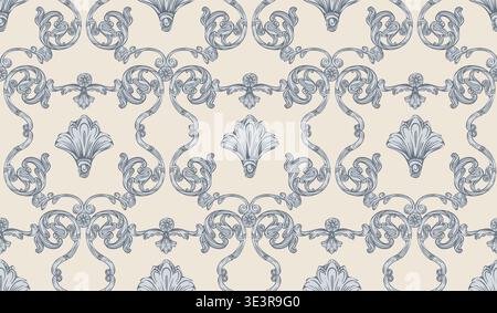 Motivo senza cuciture con ornamenti barocchi floreali vintage nei colori blu e beige. Elementi decorativi disegnati a mano, illustrazione vettoriale. Un infinito backgroun Illustrazione Vettoriale