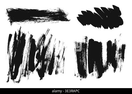 Raccolta di pennellate grunge ruvide. La mano nera disegna strisci di vernice asciutta, linee e linee spesse e disordinate. Macchie di grunge artistiche vettoriali Illustrazione Vettoriale