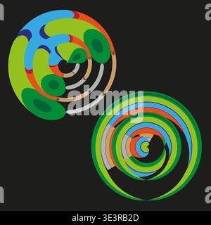 Cerchi colorati astratti. Forme arrotondate e vivaci. Arte vettoriale creativa. Sfondo nero scuro. Solo vettore manuale. Nessuna traccia automatica utilizzata. Illustrazione Vettoriale