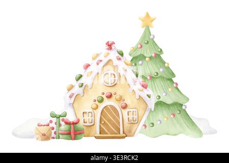 Illustrazione ad acquerello natalizio con la casa del pan di zenzero, regali e albero di Natale in ciaspole. I simboli tradizionali delle vacanze invernali e. Foto Stock