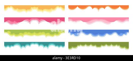 Moderno set di divisori e bordi senza cuciture. Elementi illimitati della curva d'onda astratta. Collezione di separatori a piè di pagina della testata per layout superiore o inferiore modello fluido design contemporaneo Illustrazione Vettoriale