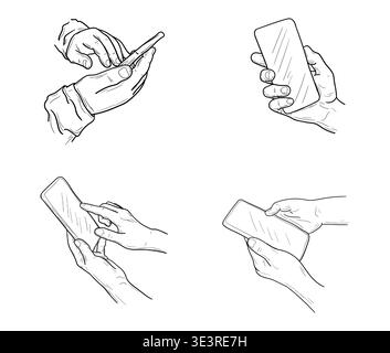 Mani che tengono un telefono, disegnato a mano. Illustrazione vettoriale. Isolato su sfondo bianco. Il telefono è nel palmo della mano e sta digitando un messaggio. Non IA. Illustrazione Vettoriale