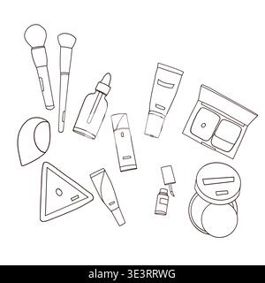 Contorno cosmetico di bellezza impostato su sfondo bianco, illustrazione vettoriale trucco e cura della pelle Illustrazione Vettoriale
