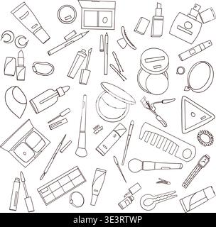 Contorno bellezza cosmetica motivo senza cuciture su sfondo trasparente, illustrazione vettoriale strumenti di trucco Illustrazione Vettoriale