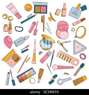 Disegno senza cuciture per cosmetici di bellezza, sfondo strumenti di trucco, illustrazione per la cura della pelle e vettore di trucco Illustrazione Vettoriale