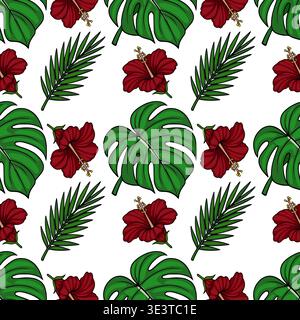 Illustrazione vettoriale Vibrant Tropical Leaves e Hibiscus Flower Pattern Illustrazione Vettoriale