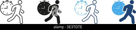 Persona che cammina con il set di icone cronometro. Time Management, Efficiency, Productivity Outline e silhouette Symbol Collection. Affari e personale Illustrazione Vettoriale