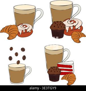 caffè, dessert. Bevande a base di caffè, cappuccino in vetro con cannuccia, tazza con panetteria, croissant, biscotti, cupcake, muffin. Composizione del caffè non disponibile Illustrazione Vettoriale