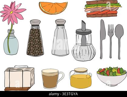 Set di icone del ristorante e della ristorazione. Include posizionamento, teglia, tovagliolo, shaker per sale, tritapepe, tazza da caffè, menu e cappello da chef. Set da caffè ha Illustrazione Vettoriale