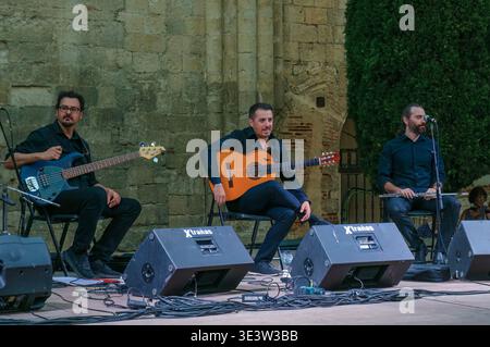 Tre musicisti maschi che si esibiscono dal vivo su un palco a Valladolid, Spagna, con chitarra, basso e flauto su uno sfondo storico in pietra. Foto Stock