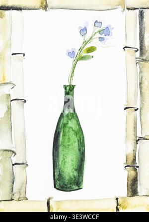 Allenamento stile Suibokuga disegno con acquerelli fiori freschi blu in bottiglia di vetro verde incorniciato da steli di bambù su carta bianca Foto Stock