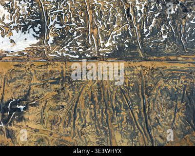 Una vista dall'alto cattura intricati motivi naturali che assomigliano all'arte astratta. L'intimo paesaggio rivela tonalità e texture terrose, mescolando i flussi Foto Stock