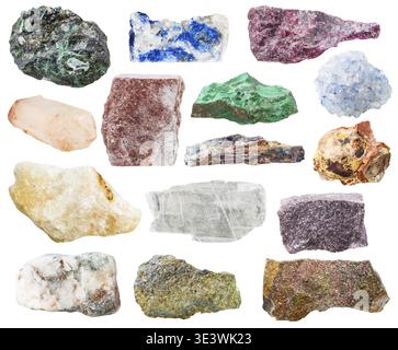 Molte rocce e pietre naturali lazurite, bauxite, eudialiti, alunite, ardesia, malachite, pirite, quarzo, aventurina, celestina, celestite, calcite, marba Foto Stock