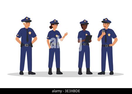 Squadra di polizia. Uomini, donne in uniforme blu della polizia in piedi a tutta altezza e pronte all'azione. Unità, solidarietà professionale. Vettore. Illustrazione Vettoriale