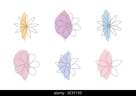 Lo sfondo bianco presenta sei diversi contorni di fiori astratti disegnati con linee sottili. Dietro ogni fiore c'è una forma fluida e color pastello in tonalità come il giallo, la lavanda e il rosa. Illustrazione Vettoriale