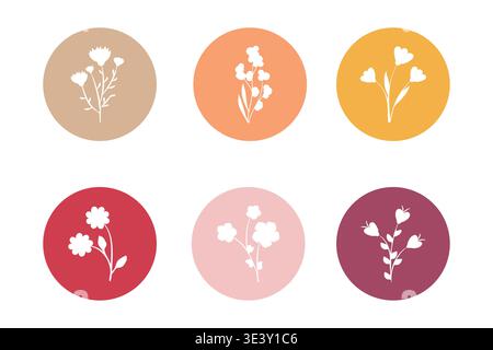 Sei silhouette floreali uniche di colore bianco sono collocate in modo ordinato all'interno di sei cerchi colorati. Ogni design circolare presenta una specie di piante diverse, offrendo un affascinante set visivo. Illustrazione Vettoriale