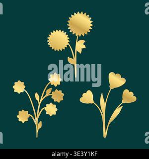 Un trio di eleganti motivi floreali dorati spicca su un ricco sfondo verde acqua scuro. Ogni elemento presenta forme floreali stilizzate uniche, creando un sofisticato display decorativo. Illustrazione Vettoriale