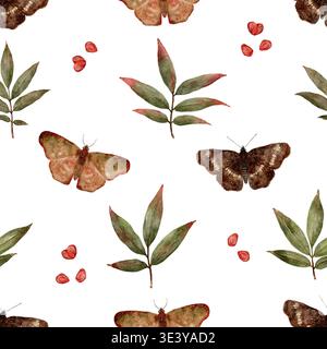 Motivo nostalgico ad acquerello con falene e foglie per il confezionamento. Illustrazione in stile retrò combinata con design a foglia che creano una scena di acquerello ispirata all'epoca d'epoca per il confezionamento di un motivo botanico senza cuciture con acquerello disegnato a mano. Foto Stock