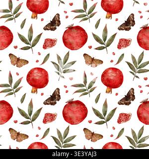Rappresentazione artistica di frutti e insetti. Eleganti motivi naturali con fascino vintage e poetico. Elegante composizione ad acquerello con frutti maturi e insetti delicati per un arredamento con motivo botanico senza cuciture ad acquerello disegnato a mano. Foto Stock