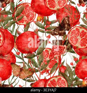 Acquerello Pomegrani maturi Collage Dense Harvest, composizione a strati con frutti e foglie intere che trasportano abbondanza ed energia rustica, ideale per l'imballaggio e le campagne stagionali disegno a mano acquerello senza cuciture motivo botanico. Foto Stock