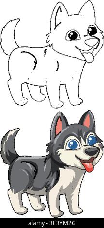 Un felice cucciolo di husky siberiano presentato sia a colori che a linee nere Illustrazione Vettoriale