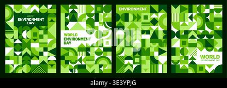 Poster della giornata mondiale dell'ambiente con sfondo geometrico verde, ecologia vettoriale ed eco-natura. Manifesti della giornata Mondiale dell'ambiente con forme astratte a forma di cerchio verde, quadrato e triangolo Illustrazione Vettoriale