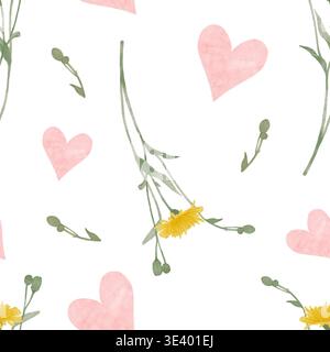 Motivo senza cuciture con fiori di dente di leone giallo e cuori rosa. Illustrazione di disegno ad acquerello disegnata a mano. Ideale per imballaggi in carta da parati tessile carta da imballaggio per cartoline. Foto Stock