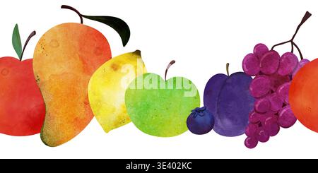 Frutti misti di acquerello colorati arcobaleno senza cuciture: Mela rossa, mango, limone, mela verde, mirtillo, prugna, uva e arancia. Per i bambini Foto Stock