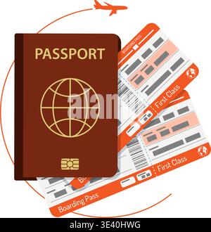 Concetto vacanza e turismo con aerei Flat Icons, passaporto e biglietti. Illustrazione vettoriale Illustrazione Vettoriale