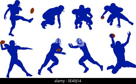Serie di silhouette di giocatori di football americano in varie pose con la palla, vettoriale isolato su sfondo bianco Illustrazione Vettoriale