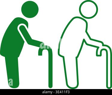 Persona anziana con icona di canna in verde, evidenziata e riempita, simbolo di assistenza per anziani. Ideale per l'assistenza agli anziani, l'accessibilità o il design dei sedili prioritari Illustrazione Vettoriale