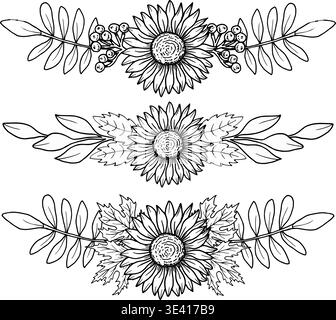 Set di cornici di girasole con foglie d'acero e frutti di bosco di rowan. Arte vettoriale botanica. Illustrazione grafica nera, disegnata a mano con disegni a linee. Adatto per Illustrazione Vettoriale
