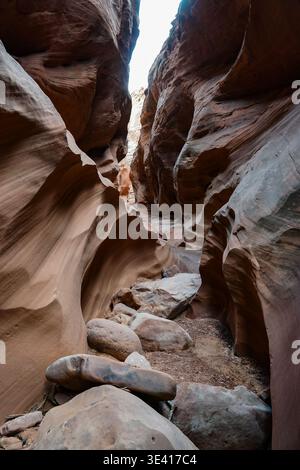 Stretto canyon di arenaria con pareti curve lisce e rocce sparse su fondo sabbioso sotto l'apertura luminosa del cielo Foto Stock