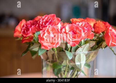 Un bouquet di rose rosa corallo elegantemente disposte in un vaso di vetro trasparente, poste su un tavolo di legno in un ambiente accogliente. La luce naturale soffusa. Foto Stock