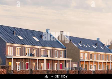 Vista al tramonto delle moderne case a schiera a Overijssel, Paesi Bassi Foto Stock