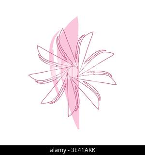 Un unico fiore astratto presenta petali rosa irradianti e due forme curve rosa. Il delicato motivo floreale è appoggiato su uno sfondo bianco pulito. Illustrazione Vettoriale