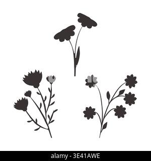 Tre silhouette floreali nere sono raffigurate su uno sfondo bianco pulito. Ogni silhouette presenta un'esclusiva disposizione astratta di fiori o piante, adatta a vari scopi di progettazione grafica. Illustrazione Vettoriale