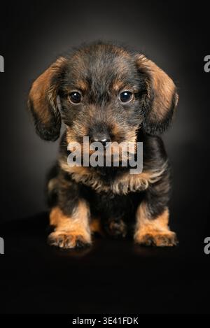 Simpatico cucciolo di dachshund su sfondo nero che fissa la fotocamera. Concentrati sul volto del cucciolo. Foto Stock