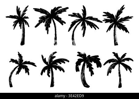 Set di icone Pennello grunge alberi di palma. Silhouette di alberi di cocco con inchiostro da scarabocchiare. Alberi tropicali diversi, pennello disegnato a mano, inchiostro secco dipinto, creativo Illustrazione Vettoriale