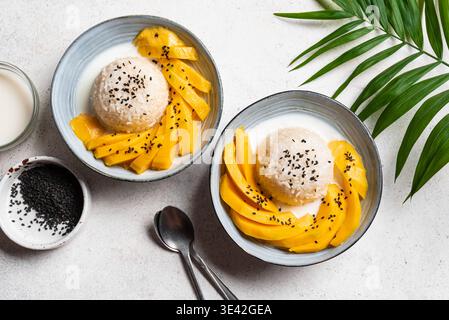 Riso appiccicoso al mango con latte di cocco e semi di sesamo nero, vista dall'alto, primo piano. Delizioso pasto thailandese. Khao niao mamuang. Foto Stock