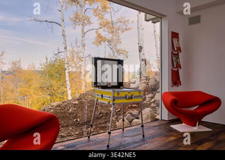 Interno contemporaneo con vista su alberi autunnali. Foto Stock