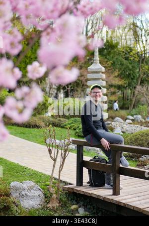 Uomo sorridente seduto su un ponte di legno in un giardino giapponese con fiori di ciliegio. Il primo risveglio della natura. Foto Stock