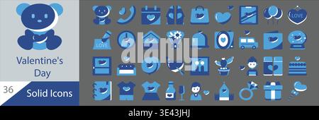 Set di icone piene di San Valentino Vector, Love Romance Heart Gift Symbols Collection Illustrazione Vettoriale