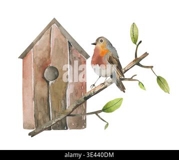 Birdhouse con acquerello sul ramo primaverile con uccello Foto Stock