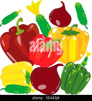 Set vettoriale di verdure fresche miste. Illustrazione di peperoni, cetrioli e barbabietole isolata su trasparente Illustrazione Vettoriale