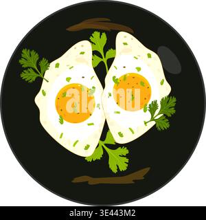 Due uova fritte con il lato soleggiato in una padella nera con erbe aromatiche. Illustrazione Flat Vector Breakfast isolata su trasparente Illustrazione Vettoriale