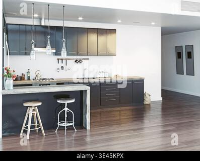 Gli interni contemporanei della cucina presentano armadi scuri, ripiani in legno chiaro, un'isola con due sgabelli, lampade a sospensione in vetro e pavimenti in legno. Foto Stock