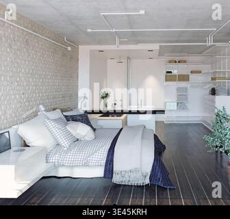 Una moderna camera da letto industriale in 3D con pareti in mattoni bianchi, pavimento in legno scuro e bagno privato aperto con vasca nera. Foto Stock