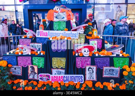 New York, Stati Uniti, 2 novembre 2025: Mostra del giorno del defunto sull'altare con decorazioni colorate del cranio e fiori di calendula a Times Square New York Foto Stock