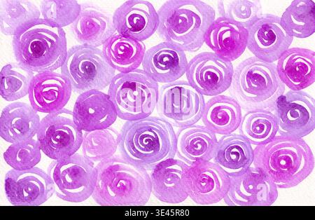 Motivo ad acquerello senza cuciture di fiori a spirale viola simili a rose. Texture dipinta a mano, perfetta per inviti di nozze, stampe in tessuto e confezioni Foto Stock